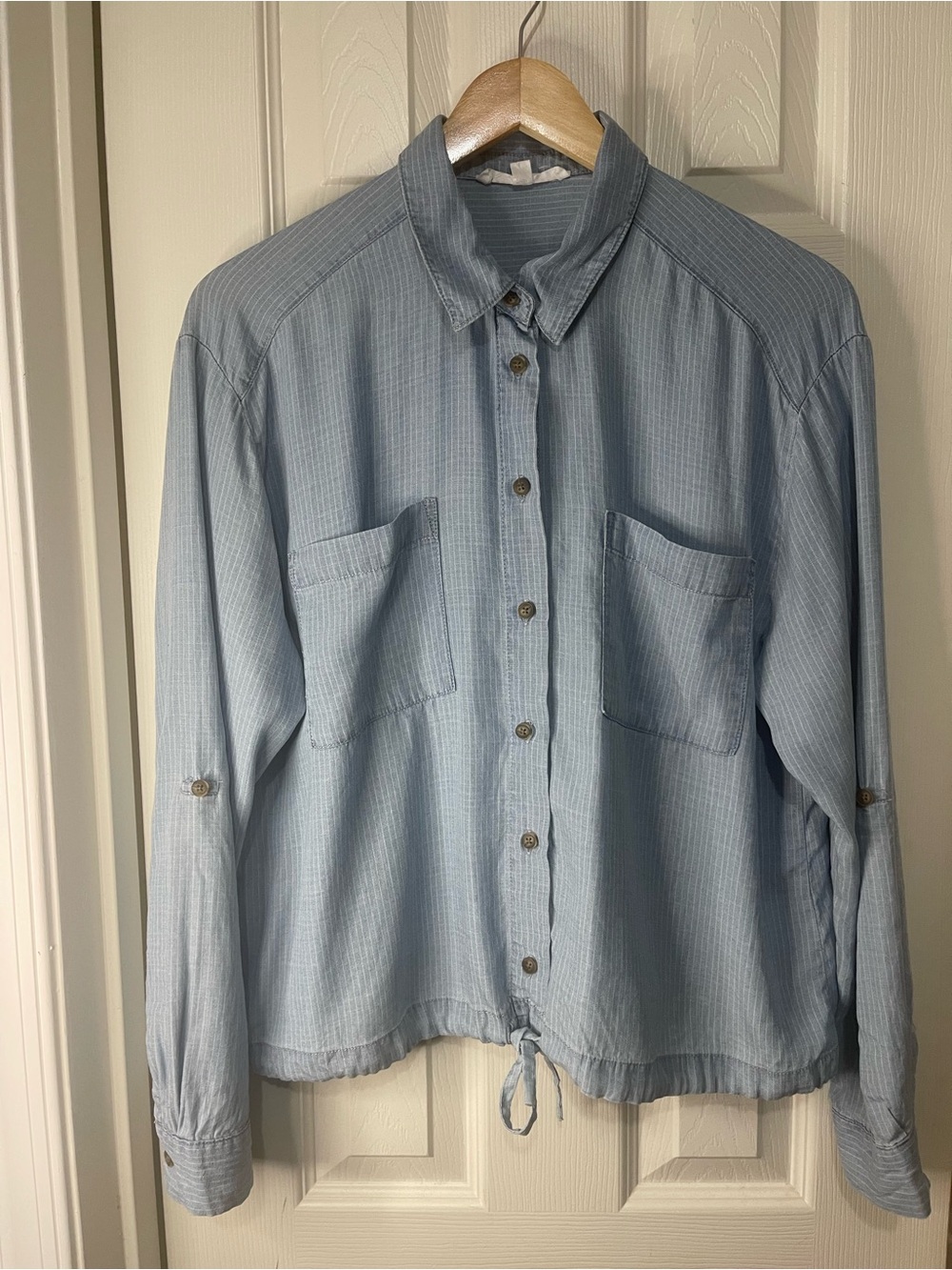 Blue White Stripe Minimalist Tie Front Button Up Shirt Roll tab Sleeves size M